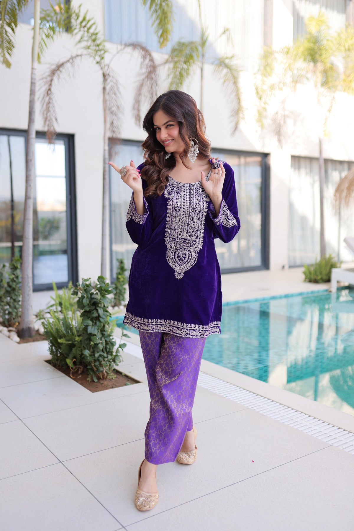 Jyoti Fashion Purple Velvet Embroidered Designer Kurta Set with Batwa | Grocsy