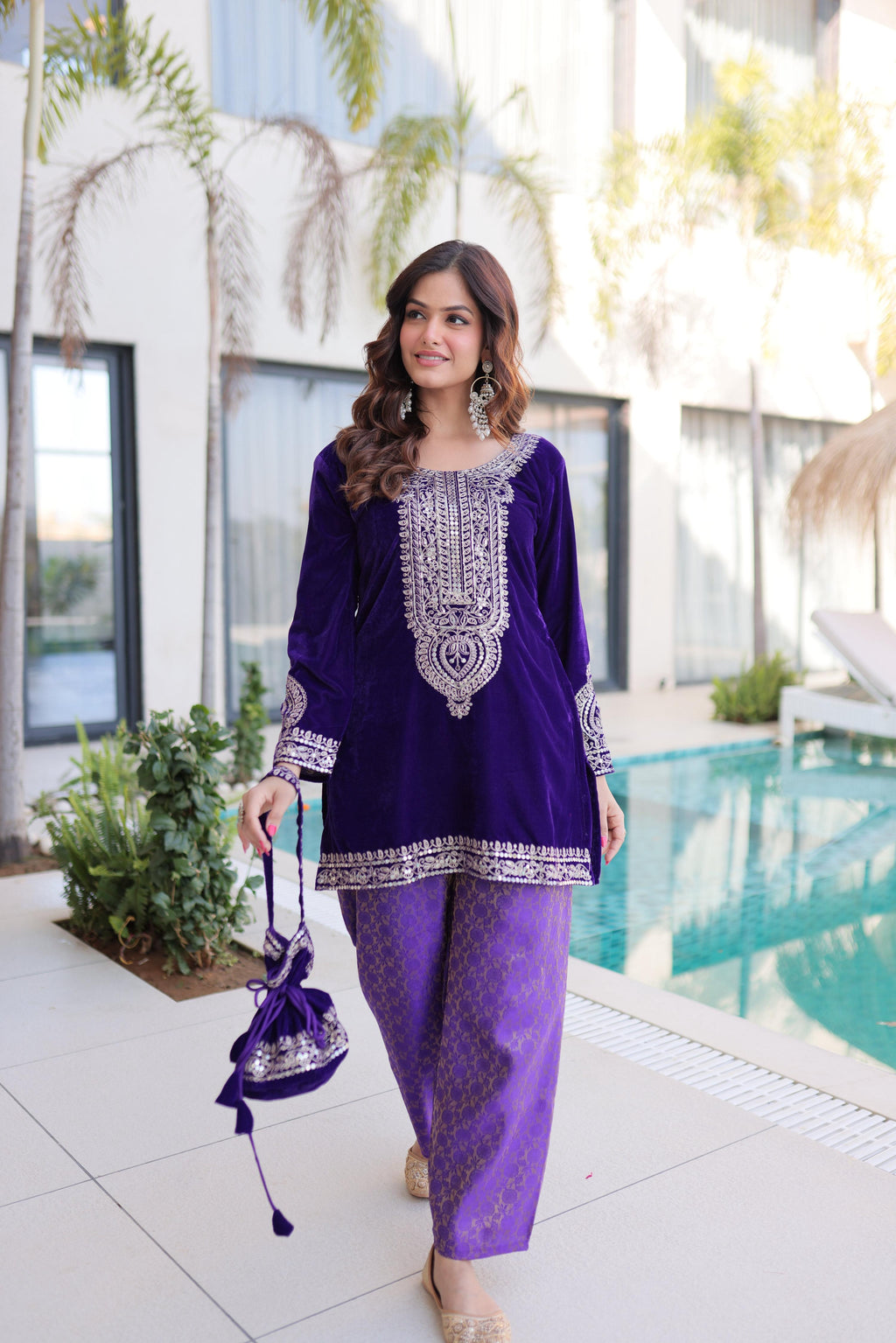 Jyoti Fashion Purple Velvet Embroidered Designer Kurta Set with Batwa | Grocsy