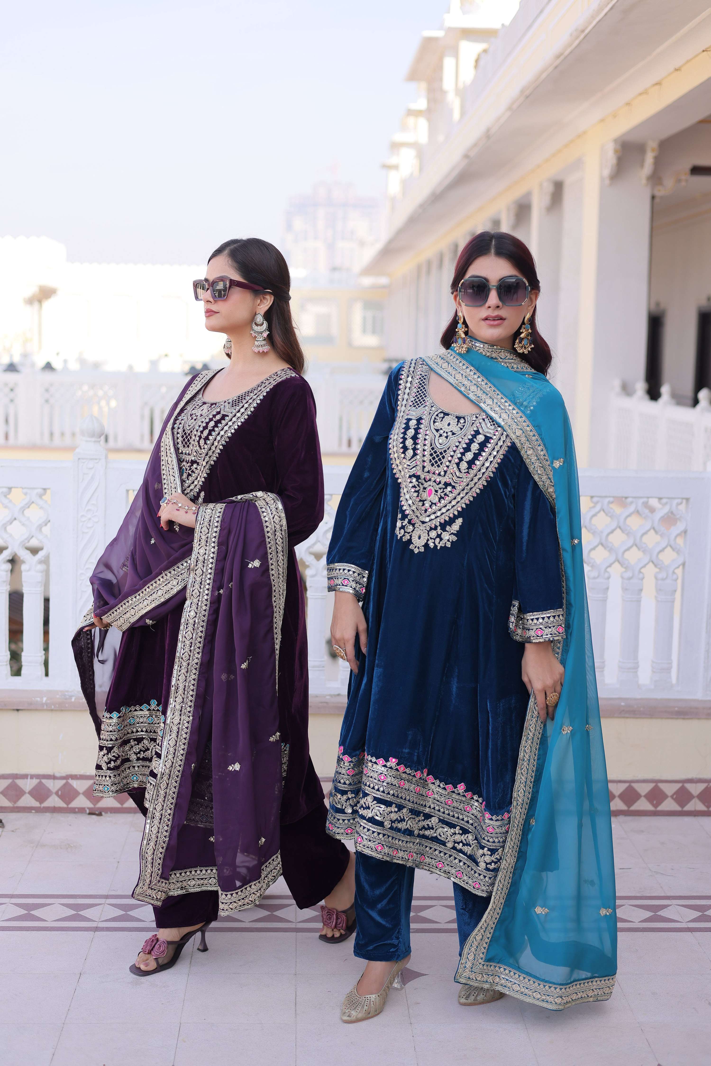 Jyoti Fashion Wine & Rama Velvet Embroidered Designer Combo Kurta Set with Batwa | Grocsy