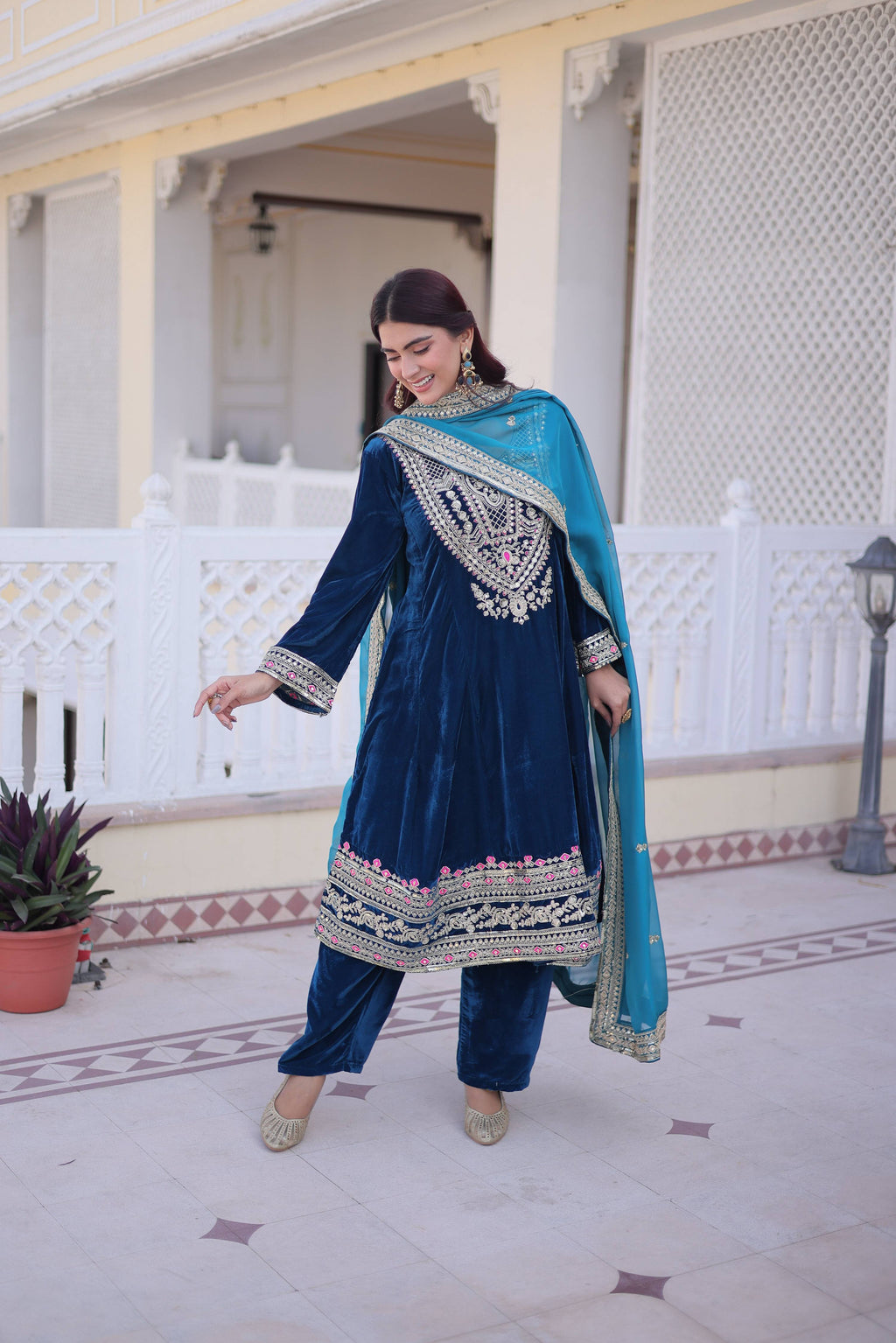 Jyoti Fashion Rama Velvet Embroidered Designer Kurta Set with Batwa | Grocsy