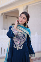 Jyoti Fashion Rama Velvet Embroidered Designer Kurta Set with Batwa | Grocsy