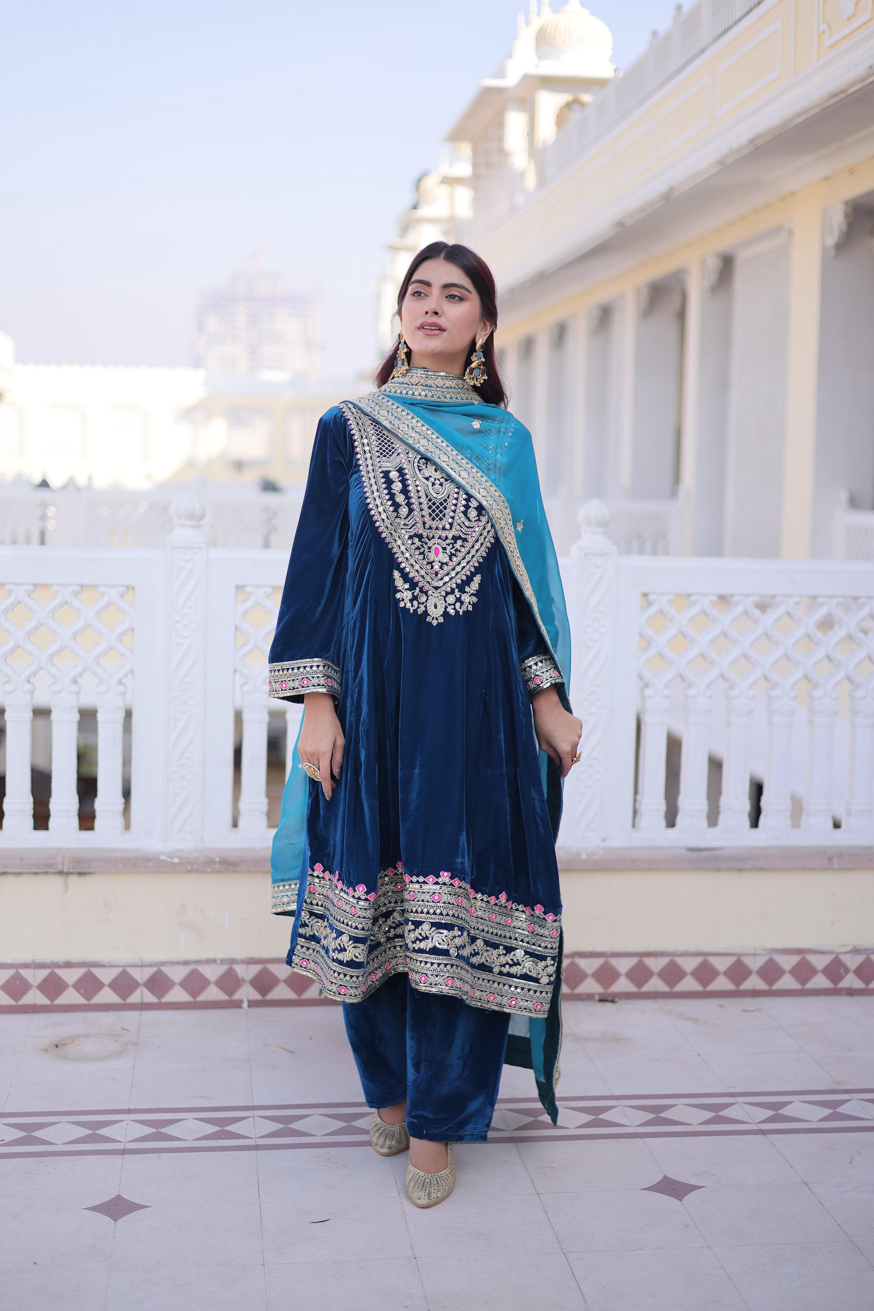 Jyoti Fashion Rama Velvet Embroidered Designer Kurta Set with Batwa | Grocsy