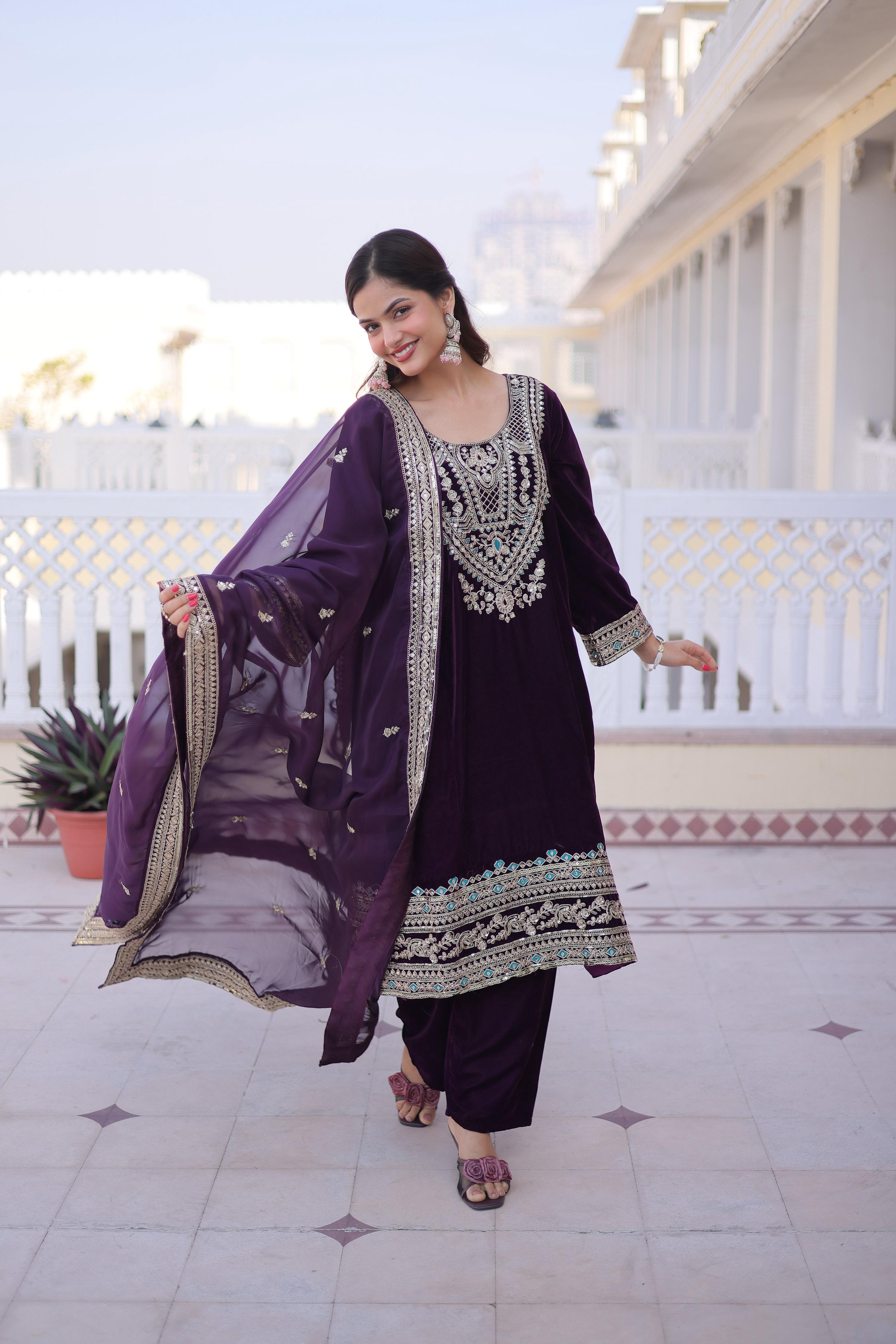 Jyoti Fashion Wine Velvet Embroidered Designer Kurta Set with Batwa | Grocsy