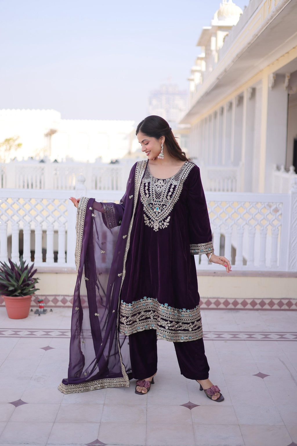 Jyoti Fashion Wine Velvet Embroidered Designer Kurta Set with Batwa | Grocsy
