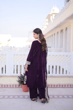 Jyoti Fashion Wine Velvet Embroidered Designer Kurta Set with Batwa | Grocsy