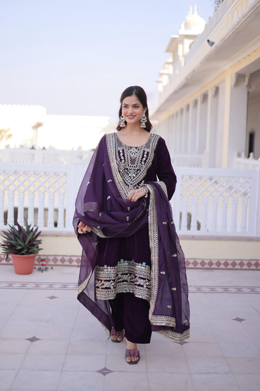 Jyoti Fashion Wine Velvet Embroidered Designer Kurta Set with Batwa | Grocsy