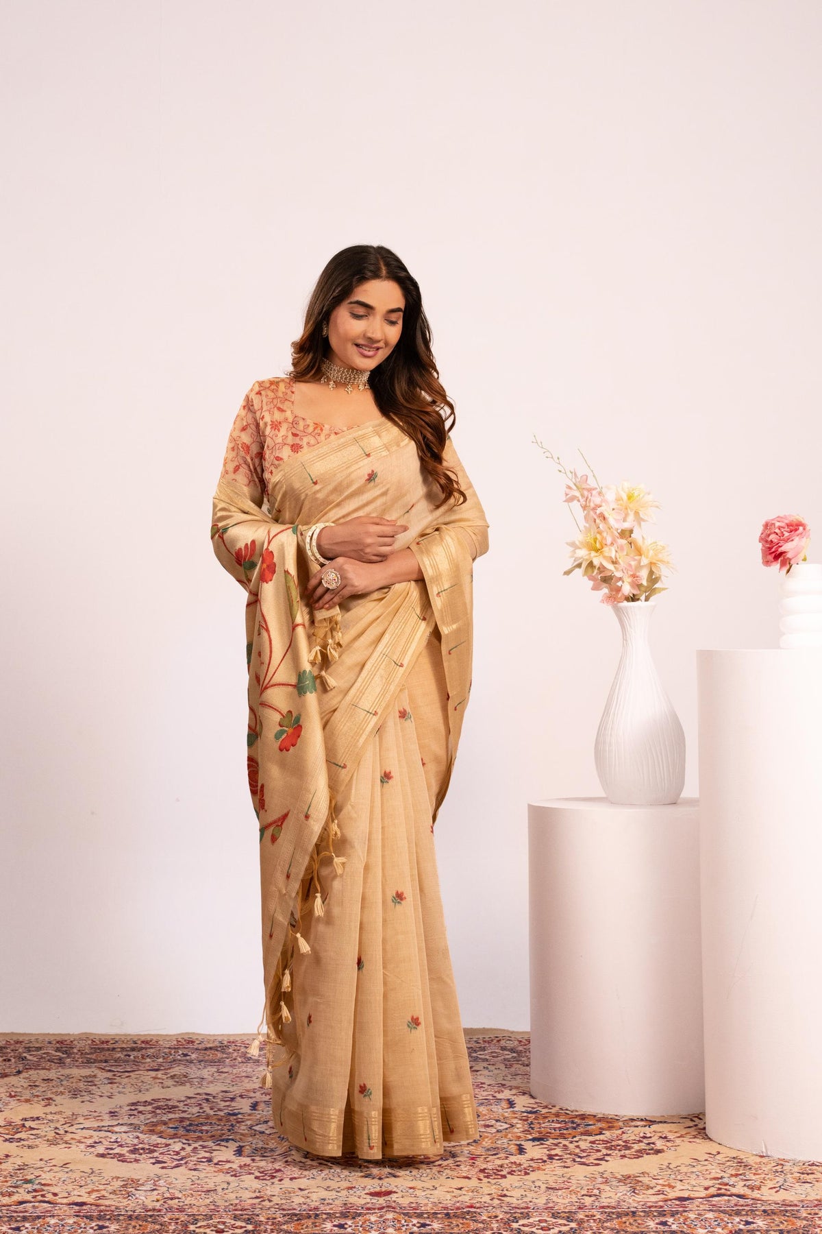 Jyoti Fashion Women's Chiku Muga Cotton Zari Woven Saree with Blouse | Grocsy