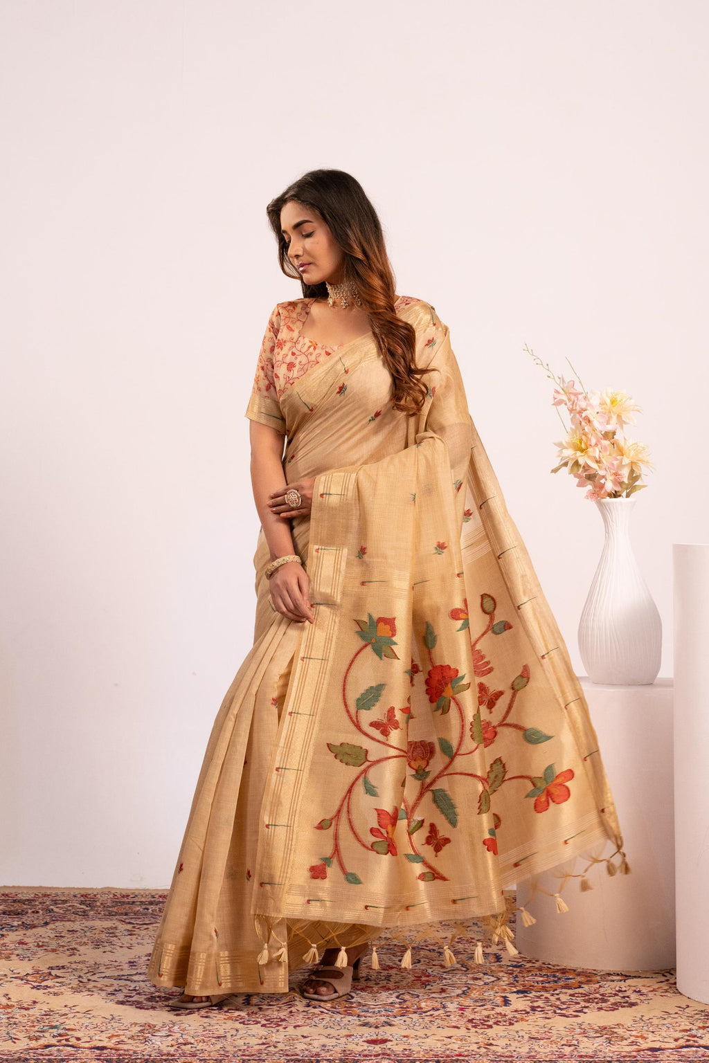 Jyoti Fashion Women's Chiku Muga Cotton Zari Woven Saree with Blouse | Grocsy