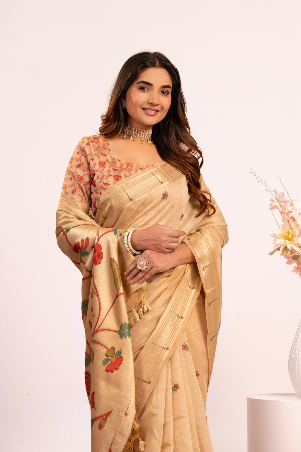 Jyoti Fashion Women's Chiku Muga Cotton Zari Woven Saree with Blouse | Grocsy
