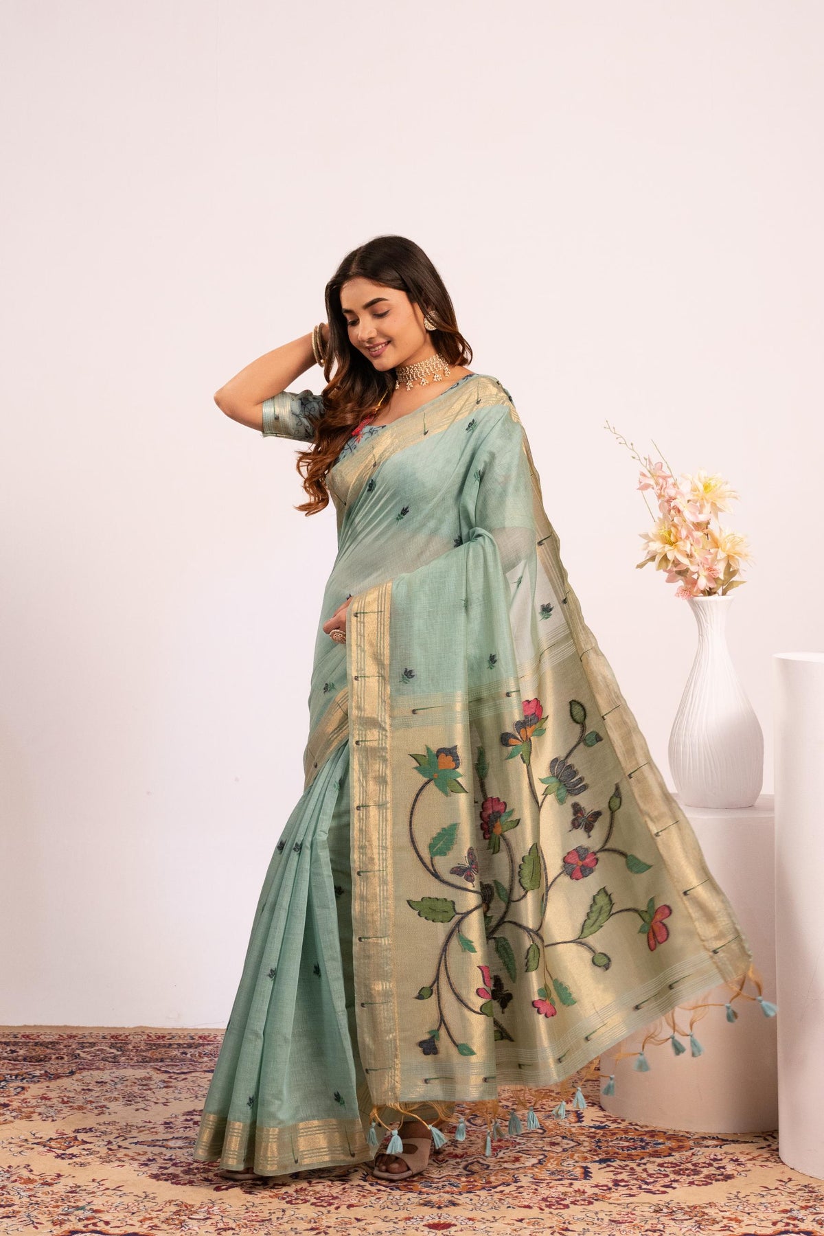Jyoti Fashion Women's Firozi Muga Cotton Zari Woven Saree with Blouse | Grocsy