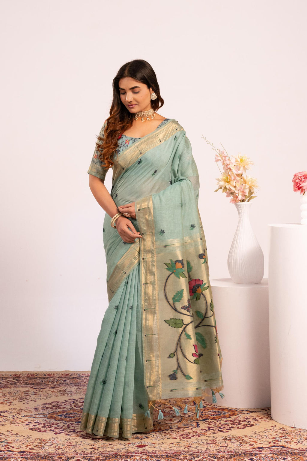 Jyoti Fashion Women's Firozi Muga Cotton Zari Woven Saree with Blouse | Grocsy