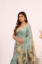Jyoti Fashion Women's Firozi Muga Cotton Zari Woven Saree with Blouse | Grocsy