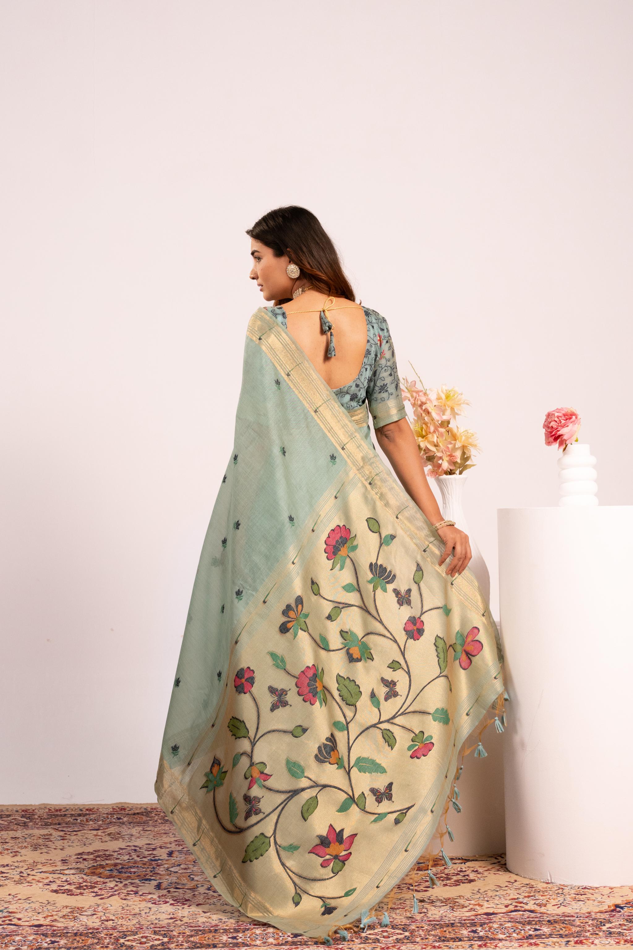 Jyoti Fashion Women's Firozi Muga Cotton Zari Woven Saree with Blouse | Grocsy