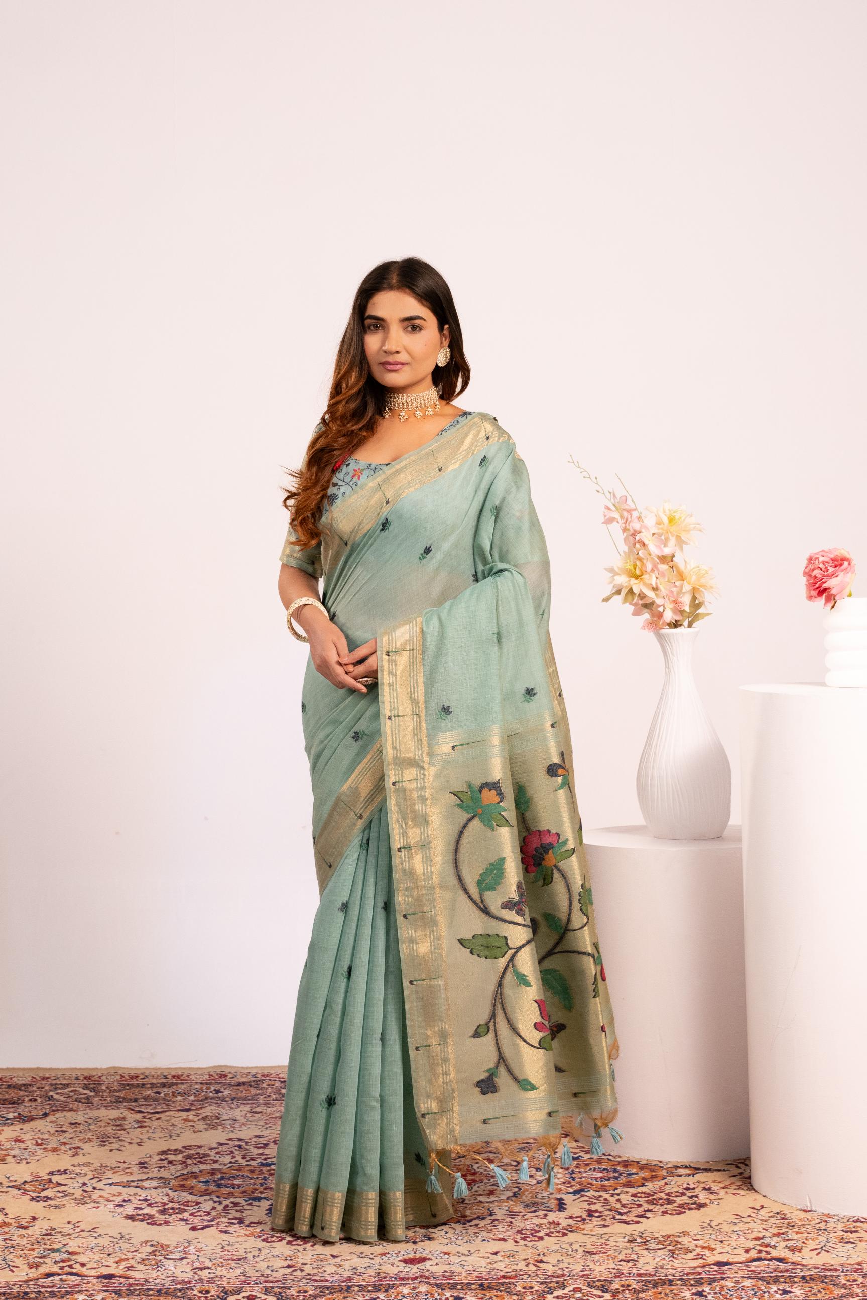 Jyoti Fashion Women's Firozi Muga Cotton Zari Woven Saree with Blouse | Grocsy