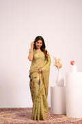 Jyoti Fashion Women's Pista Muga Cotton Zari Woven Saree with Blouse | Grocsy