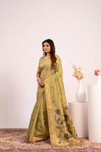 Jyoti Fashion Women's Pista Muga Cotton Zari Woven Saree with Blouse | Grocsy