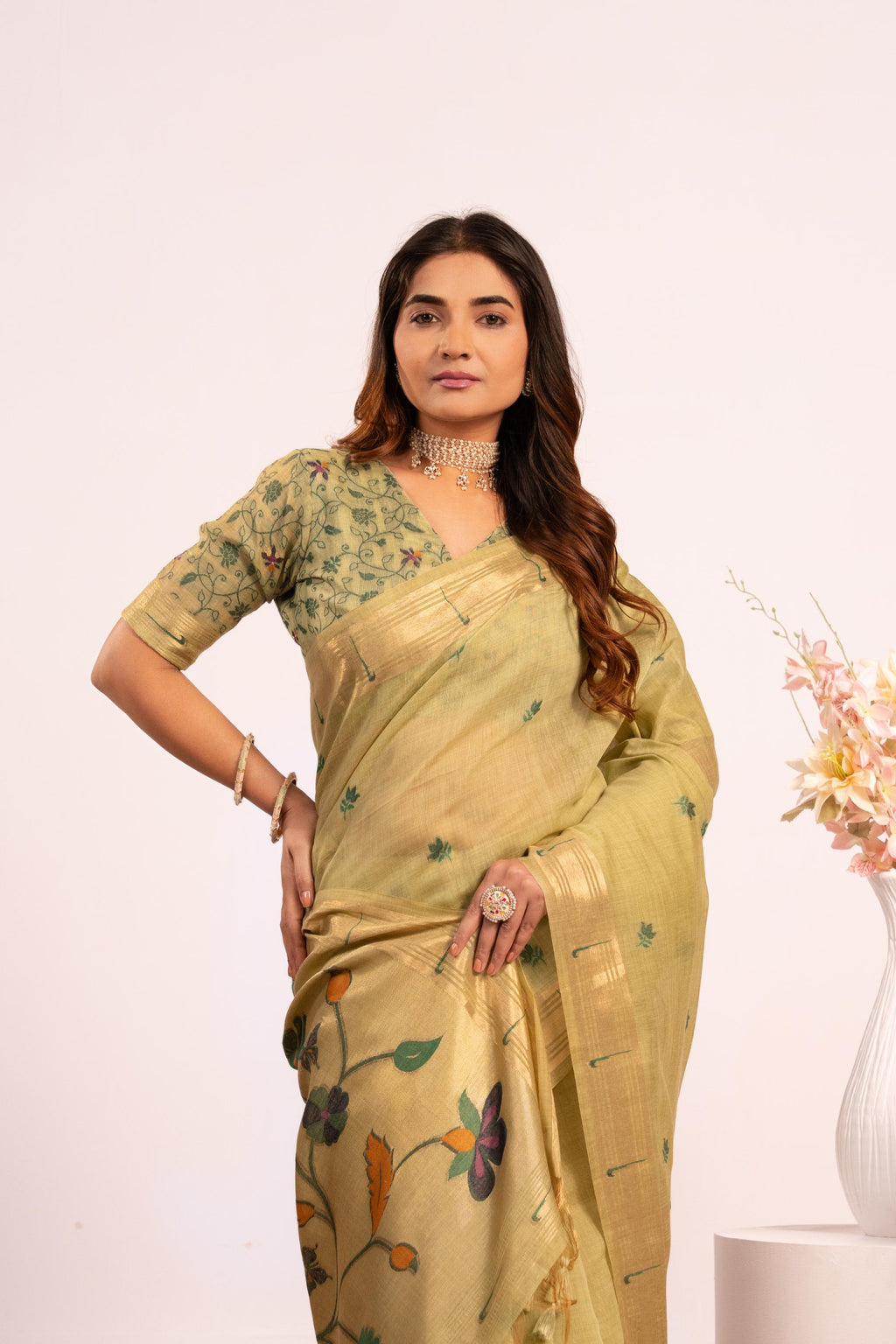 Jyoti Fashion Women's Pista Muga Cotton Zari Woven Saree with Blouse | Grocsy
