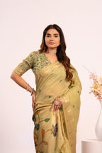 Jyoti Fashion Women's Pista Muga Cotton Zari Woven Saree with Blouse | Grocsy
