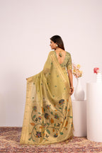 Jyoti Fashion Women's Pista Muga Cotton Zari Woven Saree with Blouse | Grocsy