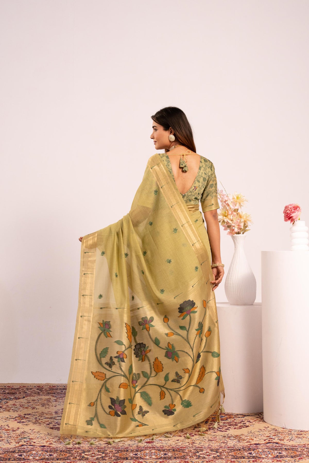 Jyoti Fashion Women's Pista Muga Cotton Zari Woven Saree with Blouse | Grocsy