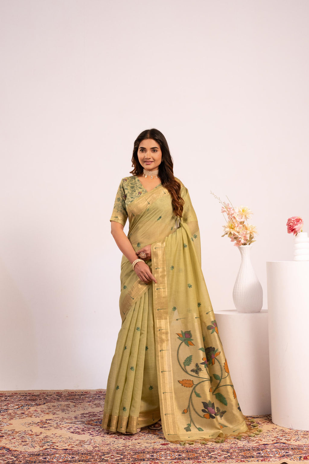Jyoti Fashion Women's Pista Muga Cotton Zari Woven Saree with Blouse | Grocsy