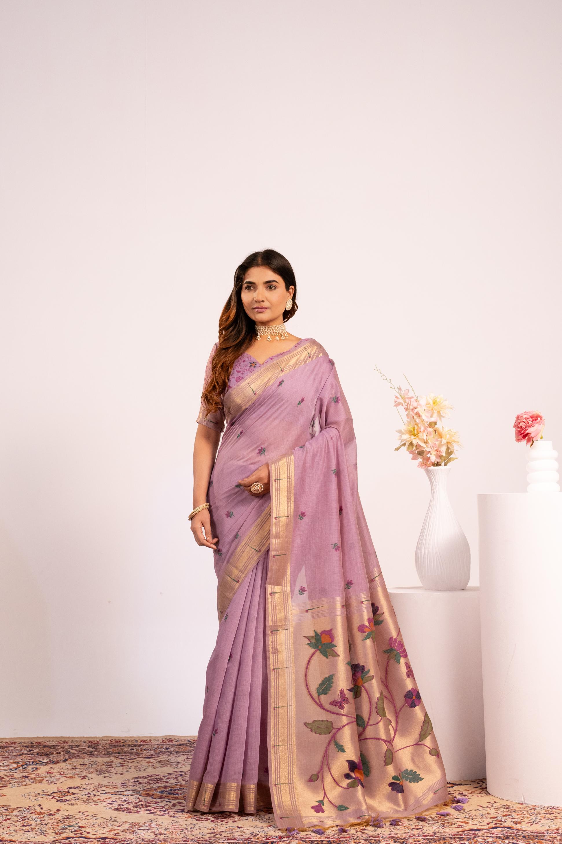 Jyoti Fashion Women's Purple Muga Cotton Zari Woven Saree with Blouse | Grocsy