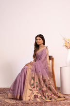 Jyoti Fashion Women's Purple Muga Cotton Zari Woven Saree with Blouse | Grocsy