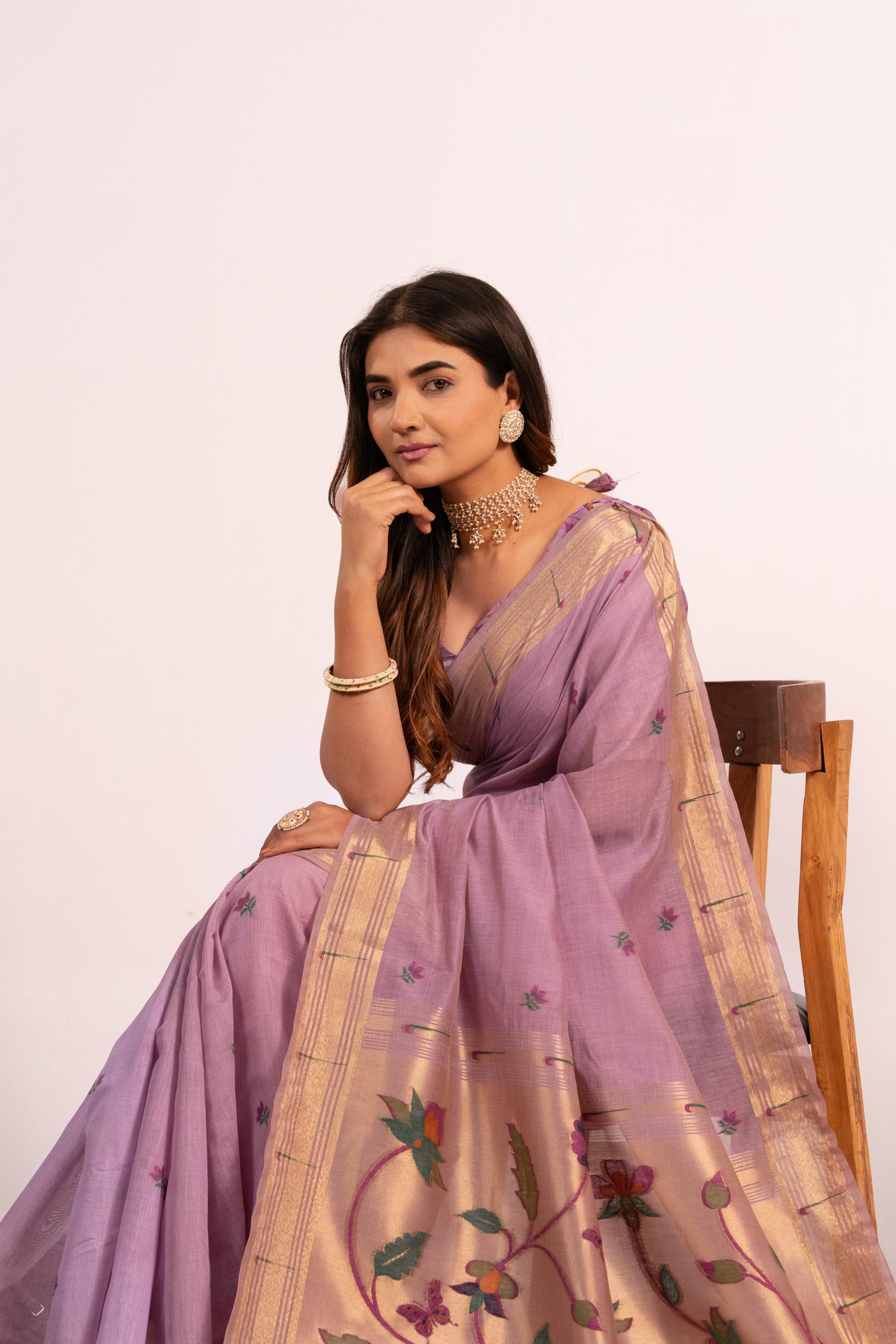 Jyoti Fashion Women's Purple Muga Cotton Zari Woven Saree with Blouse | Grocsy