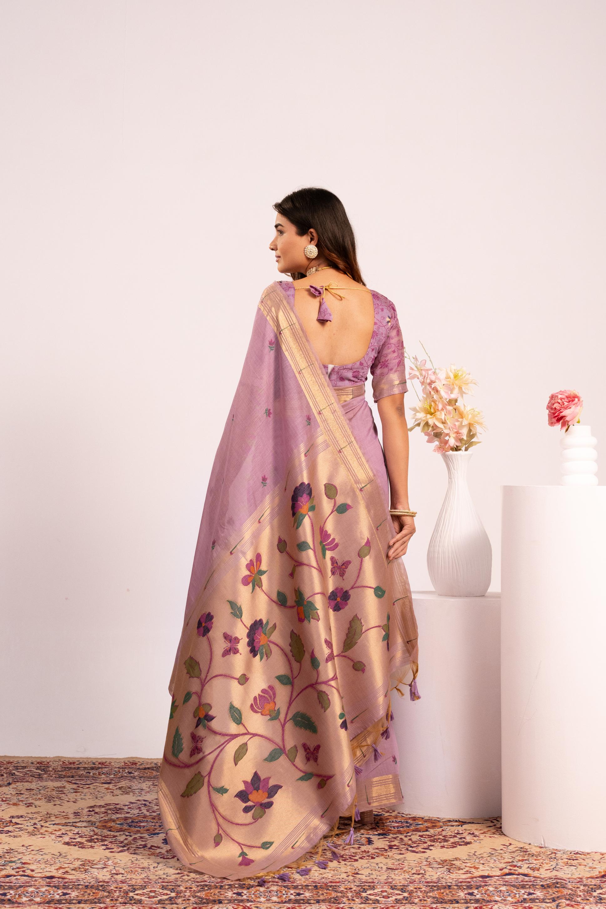 Jyoti Fashion Women's Purple Muga Cotton Zari Woven Saree with Blouse | Grocsy
