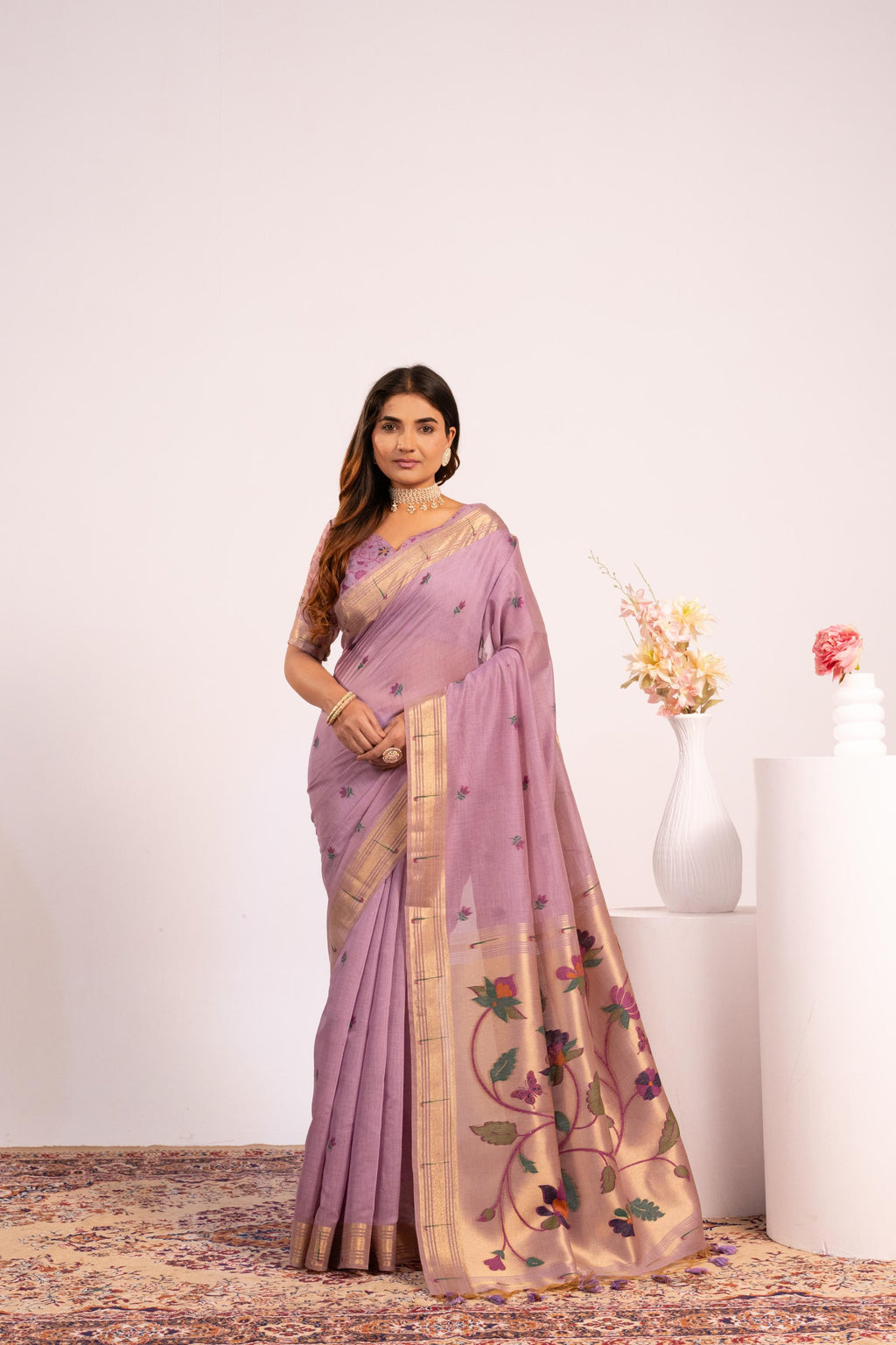 Jyoti Fashion Women's Purple Muga Cotton Zari Woven Saree with Blouse | Grocsy