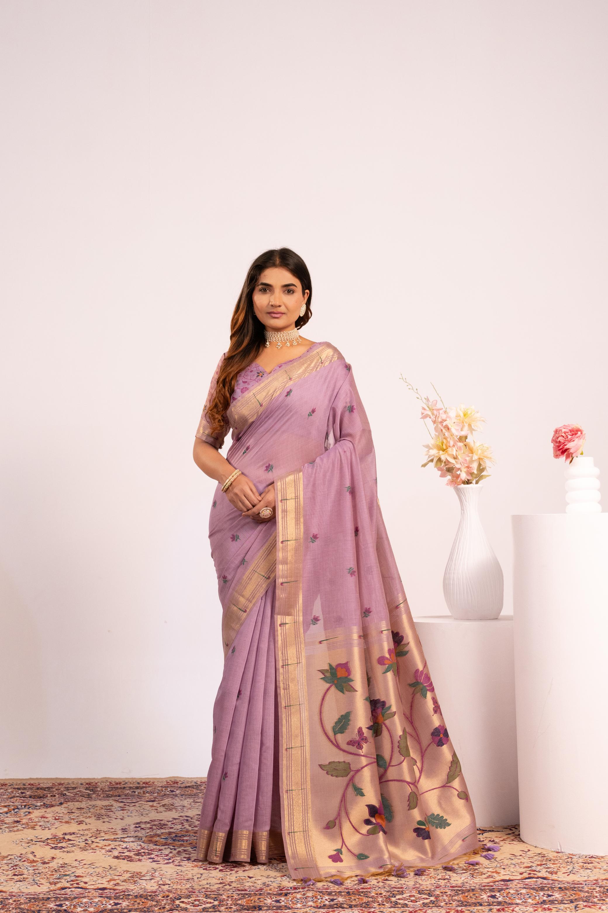Jyoti Fashion Women's Purple Muga Cotton Zari Woven Saree with Blouse | Grocsy