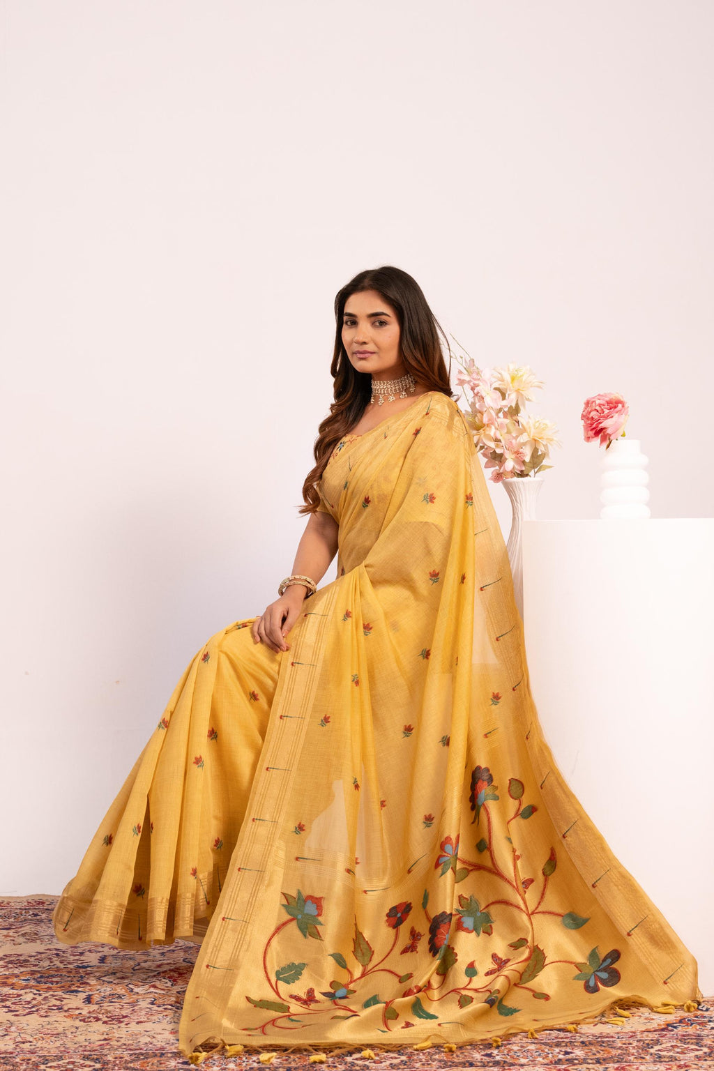 Jyoti Fashion Women's Yellow Muga Cotton Zari Woven Saree with Blouse | Grocsy