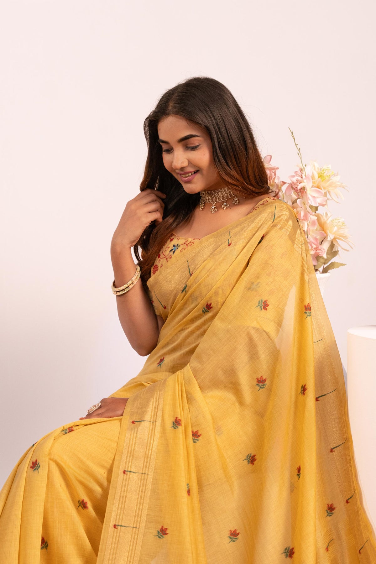 Jyoti Fashion Women's Yellow Muga Cotton Zari Woven Saree with Blouse | Grocsy