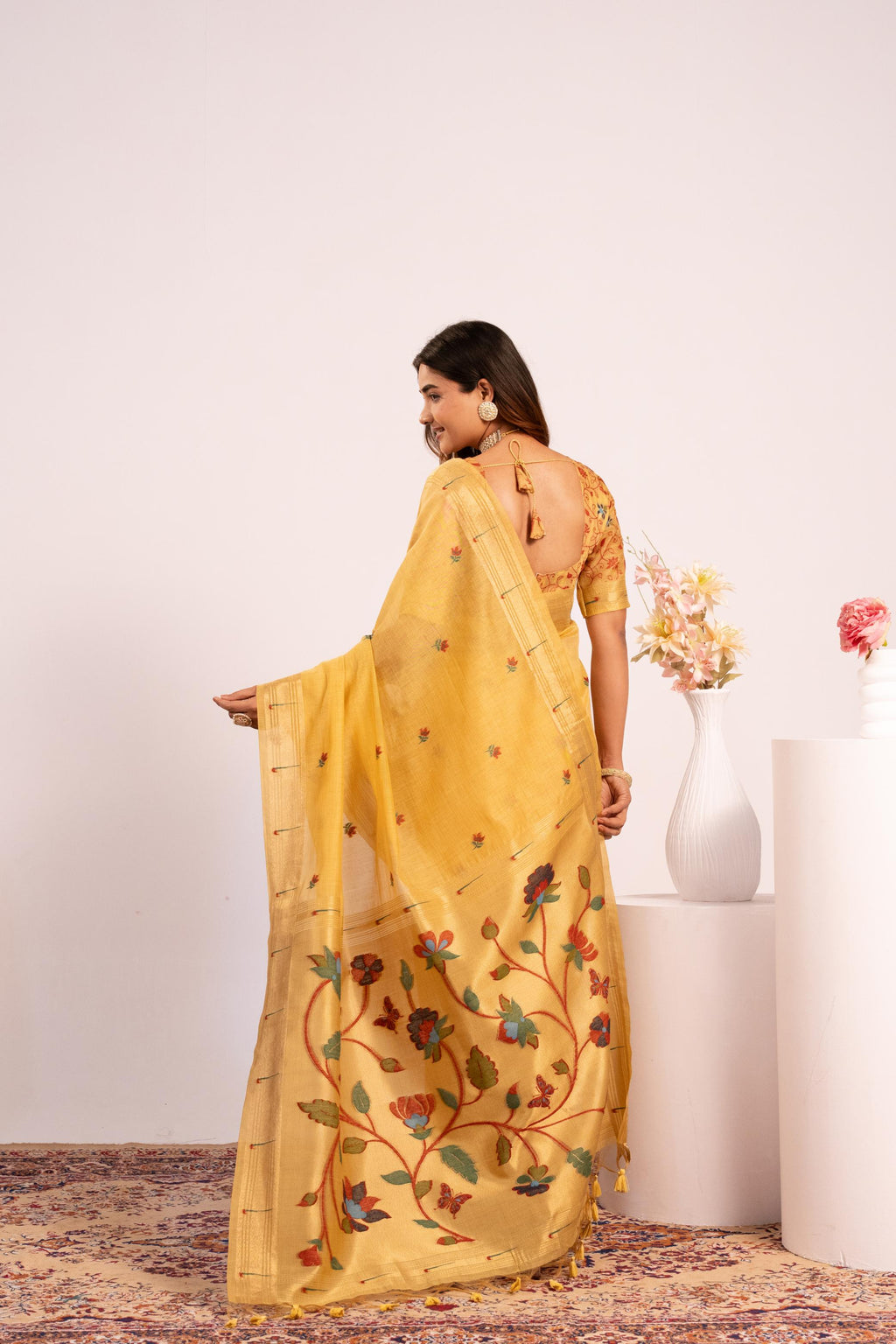 Jyoti Fashion Women's Yellow Muga Cotton Zari Woven Saree with Blouse | Grocsy