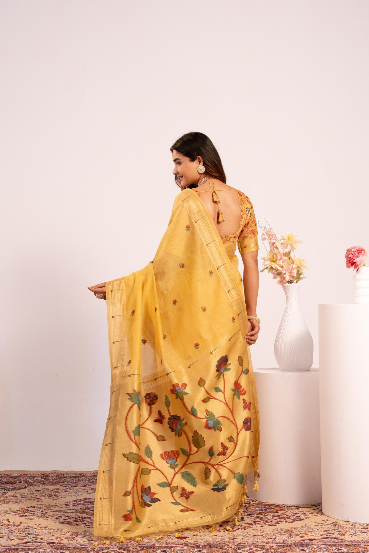 Jyoti Fashion Women's Yellow Muga Cotton Zari Woven Saree with Blouse | Grocsy