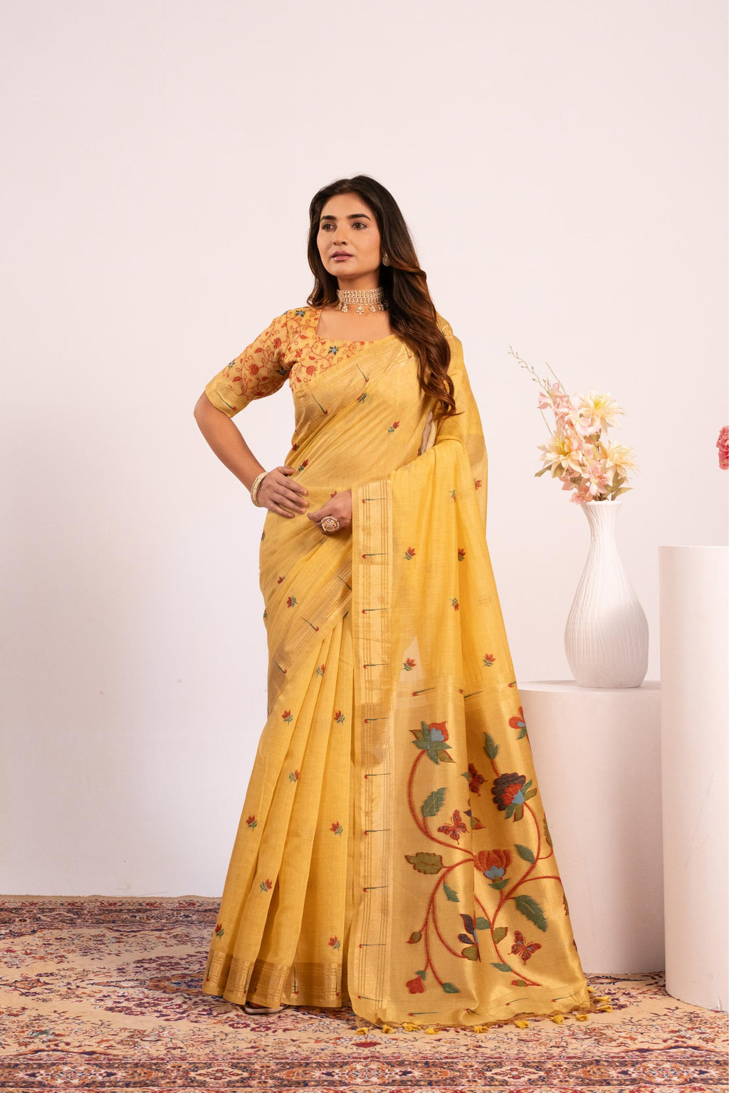 Jyoti Fashion Women's Yellow Muga Cotton Zari Woven Saree with Blouse | Grocsy