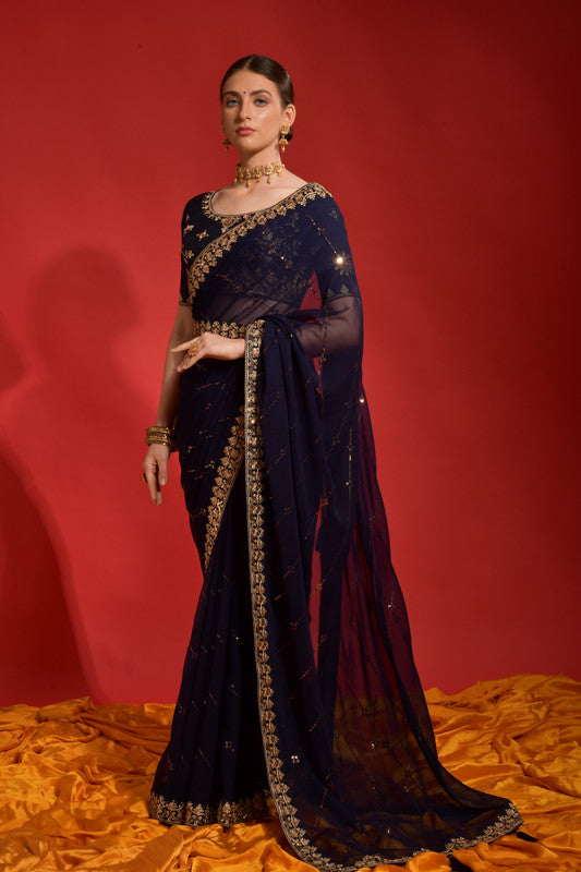Jyoti Fashion Women's Navy Blue Sequence Coding Embroidery Georgette Saree with Blouse | Grocsy