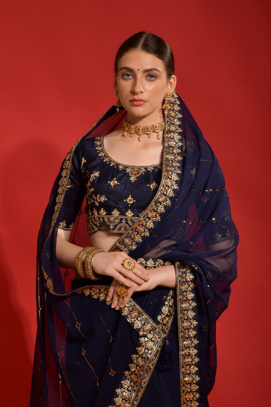 Jyoti Fashion Women's Navy Blue Sequence Coding Embroidery Georgette Saree with Blouse | Grocsy