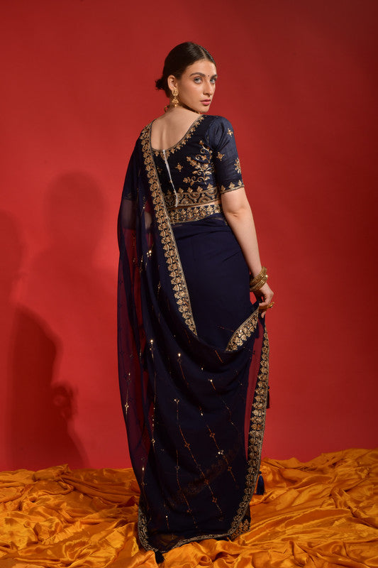 Jyoti Fashion Women's Navy Blue Sequence Coding Embroidery Georgette Saree with Blouse | Grocsy