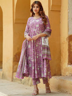 Jyoti Fashion Lavender Rayon Printed Designer Kurta Set With Dupatta | Grocsy