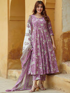 Jyoti Fashion Lavender Rayon Printed Designer Kurta Set With Dupatta | Grocsy