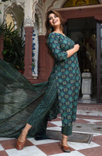 Jyoti Fashion Bottle Green Rayon Printed Designer Kurta Set With Dupatta | Grocsy