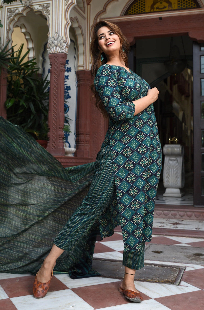 Jyoti Fashion Bottle Green Rayon Printed Designer Kurta Set With Dupatta | Grocsy