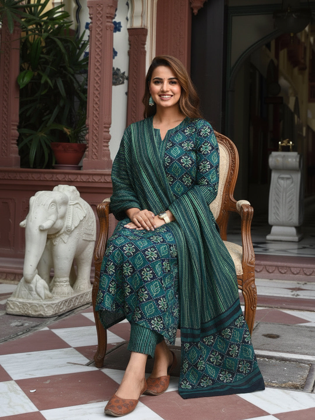 Jyoti Fashion Bottle Green Rayon Printed Designer Kurta Set With Dupatta | Grocsy