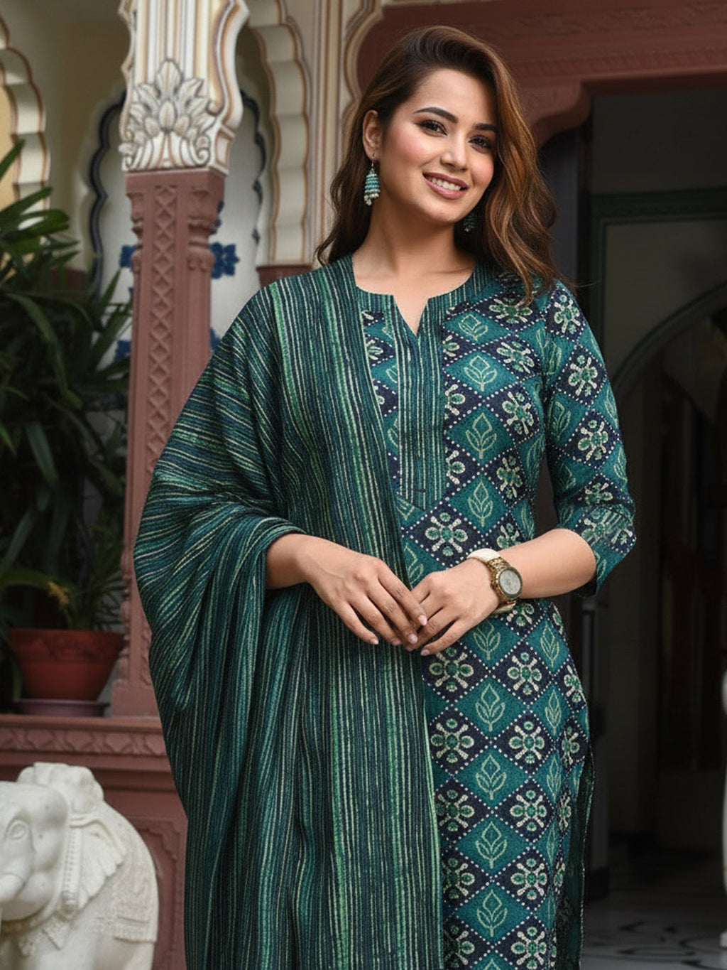 Jyoti Fashion Bottle Green Rayon Printed Designer Kurta Set With Dupatta | Grocsy