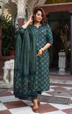 Jyoti Fashion Bottle Green Rayon Printed Designer Kurta Set With Dupatta | Grocsy
