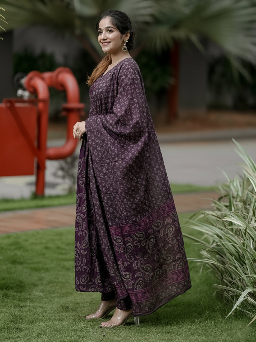 Jyoti Fashion Wine Rayon Printed Designer Kurta Set With Dupatta | Grocsy