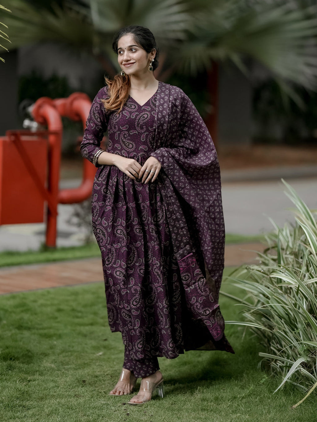 Jyoti Fashion Wine Rayon Printed Designer Kurta Set With Dupatta | Grocsy