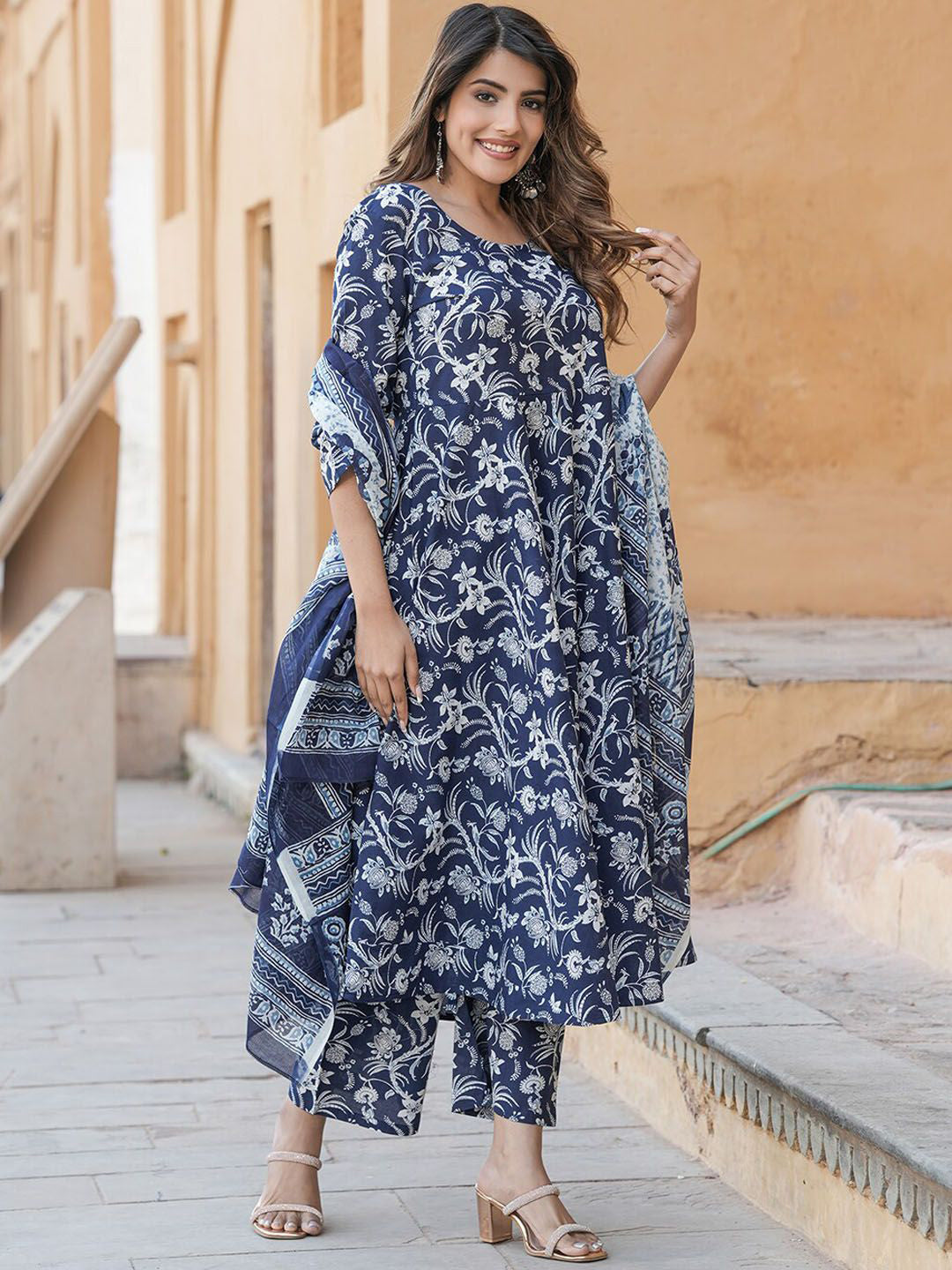 Jyoti Fashion Navy Blue Rayon Printed Designer Kurta Set With Dupatta | Grocsy