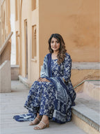 Jyoti Fashion Navy Blue Rayon Printed Designer Kurta Set With Dupatta | Grocsy